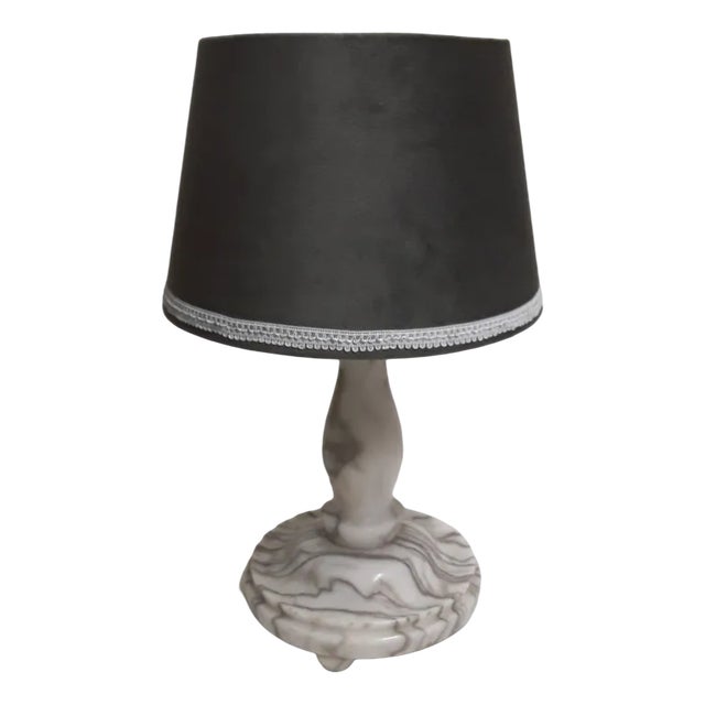 Vintage Table Lamp with a Heavily Grained White Marble Base and Gray-Black Fabric Shade, 1960s For Sale