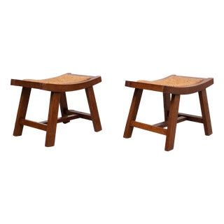 Brutalist Curved Oak Ottomans, 1950s, Set of 2 For Sale