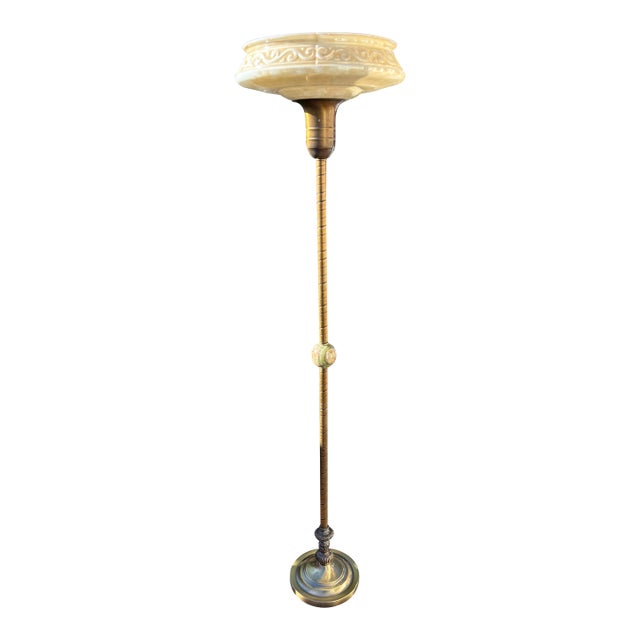 Art Deco 1930's Torchere Lamp With Large Agate Ball and Original Shade For Sale
