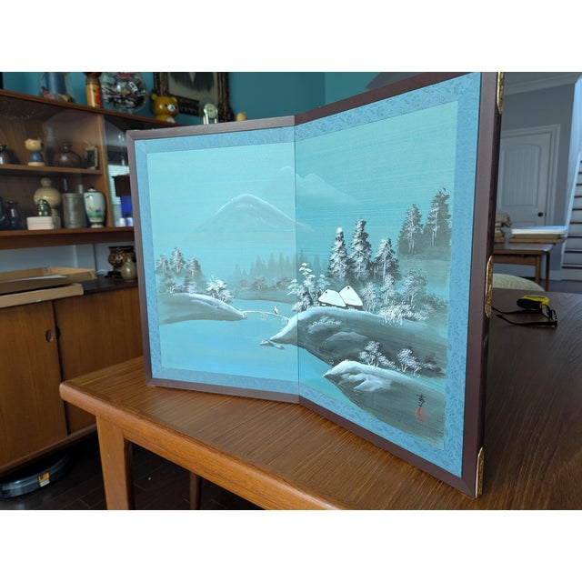 1970s Vintage Japanese 2-Panel Desktop Byōbu Folding Screen Signed Seihō - Winter Landscape For Sale - Image 4 of 12