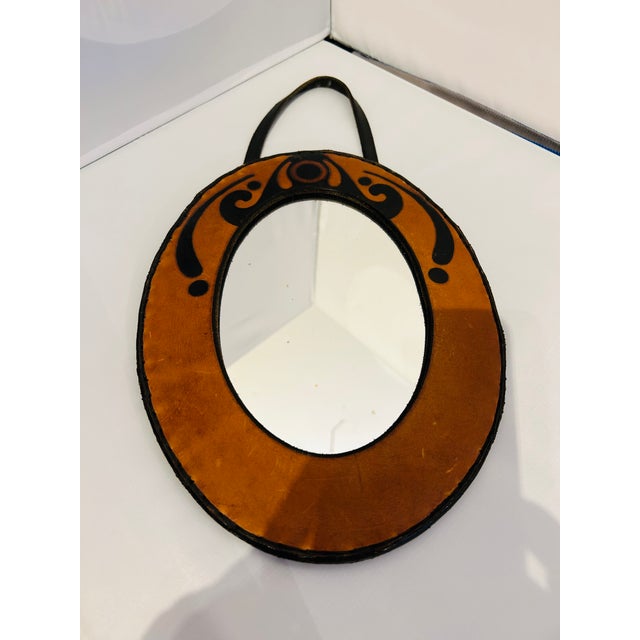 Mid-Century Modern 1970s Handmade Leather Petite Oval Mirror Boho Fab! For Sale - Image 3 of 6