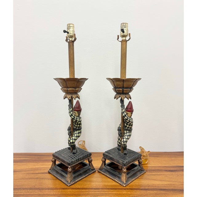 Hollywood Regency Vintage Polychrome Jester Table Lamps - Pair For Sale - Image 3 of 7