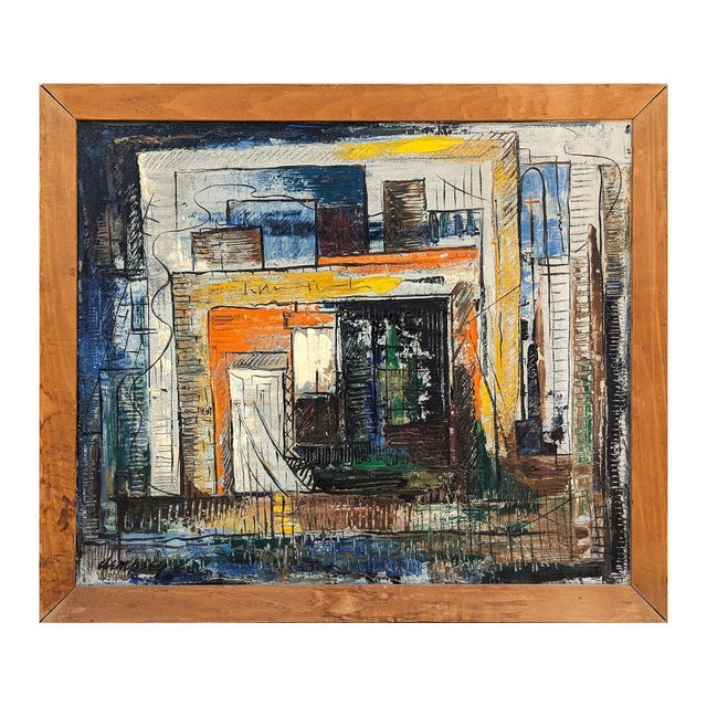 Mid 20th Century Richard Dempsey Early Modern Orange, Blue, and Yellow Toned Abstract City Landscape Painting, Mid 20th Century For Sale - Image 5 of 12