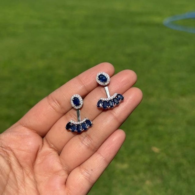 4.16ct Natural Deep Blue Sapphire and Diamond Jacket Earrings in 14k White Gold- A Pair For Sale - Image 11 of 18