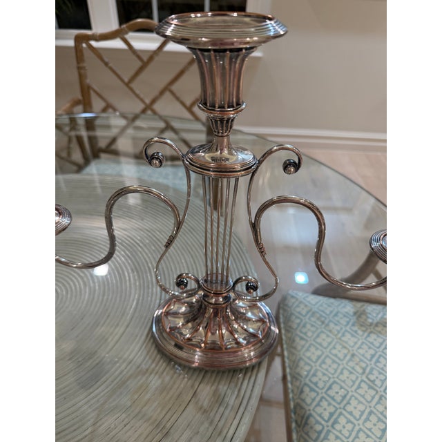 Neoclassical Pair of English Neoclassical Lyre-Form Silver Three Light Candelabra For Sale - Image 3 of 7
