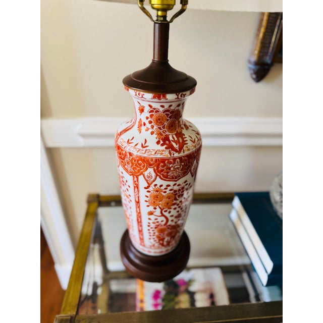 Red Vintage Pair of Asian Red Porcelain Lamps- Red Chinoiserie Lamps For Sale - Image 8 of 11
