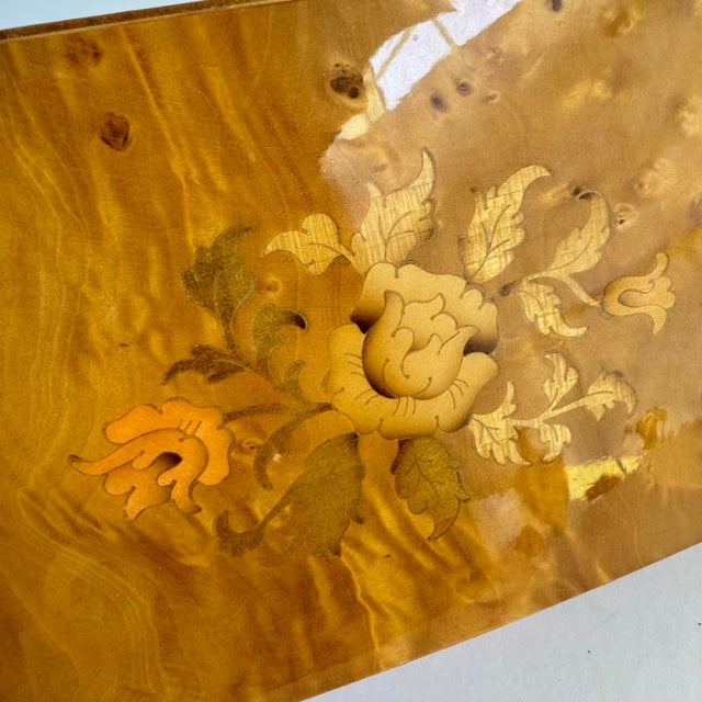 Sorrento Reuge Music Box Italian Burlwood Rose Flower Inlay Swiss Movement For Sale - Image 4 of 12