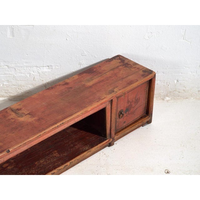 Antique painted low sideboard in pine wood, Chinese provincial furniture with vermilion lacquer originating from Gansu and...
