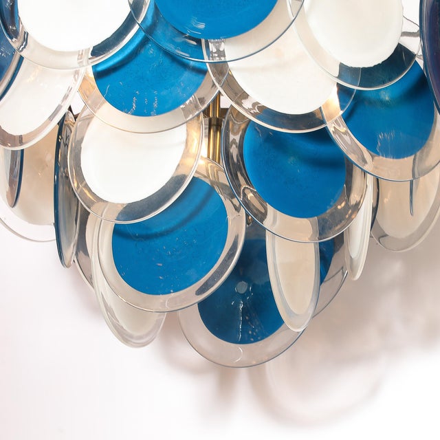 Glass Modernist Four-Tier White & Cerulean Murano Glass Disc Chandelier For Sale - Image 7 of 12