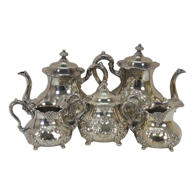 Late 20th Century 5 Pc Mid Century Poole Silverplate 931 Tea Set Teapot Coffee Pot Cream Sugar Pitcher For Sale