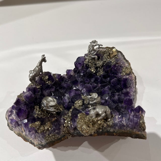 Unique Amethyst Stone Mine Scene Crafted With Silver Men Working in a Mine, Art Display Piece For Sale - Image 9 of 12
