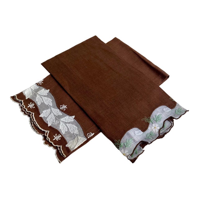 Scalloped Cocoa & White Embroidered Linen Tea Towels - Set of 2 For Sale