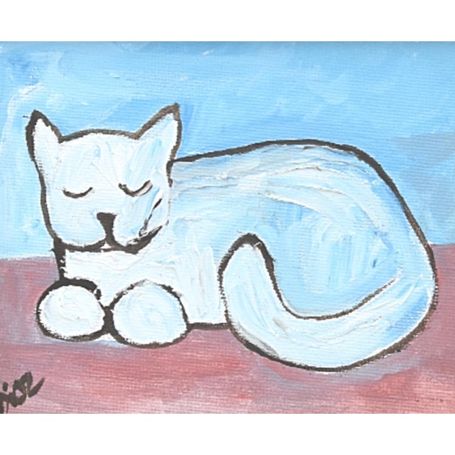 Farmhouse Folk Art White Kitten Cat Portrait Painting Including the Antiqued Gold Wood Frame For Sale - Image 3 of 5