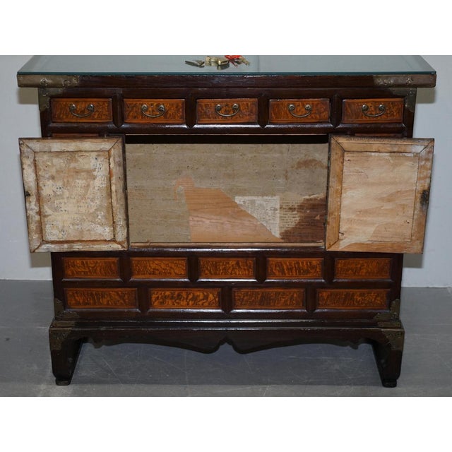 Antique Chinese Burr Elm & Brass Engraved Sideboard For Sale - Image 18 of 18