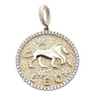14k Yellow Gold Leo Zodiac Diamond Charm/Pendant For Sale
