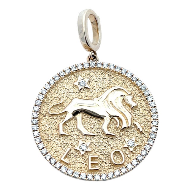 14k Yellow Gold Leo Zodiac Diamond Charm/Pendant For Sale