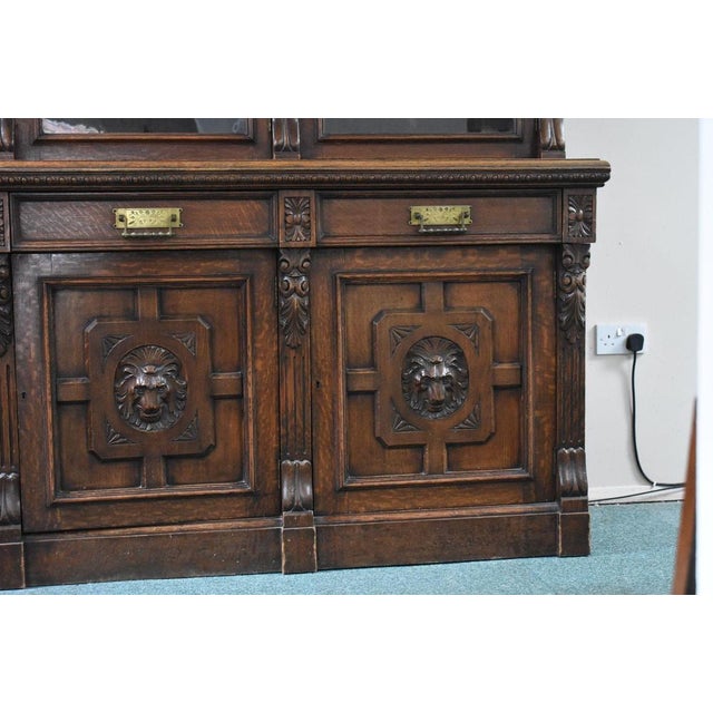 Victorian Three Door Bookcase in Carved Oak, 1880 For Sale - Image 6 of 12