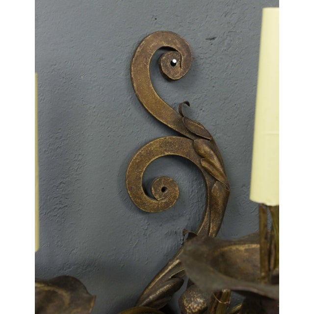 Gold Pair of French Gilt Wrought Iron Three-Arm Wall Sconces, Louis XV Style, 1920s For Sale - Image 8 of 9
