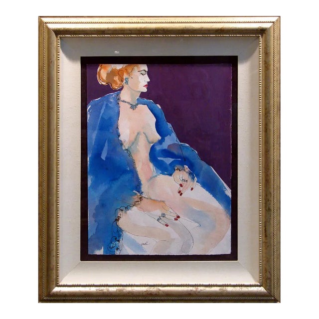 Mel Carter Original Nude Sitting Woman Framed Watercolor Painting For Sale