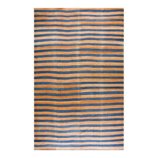 1920s Apricot Blue Stripe Antique Indian Cotton Dhurrie Carpet 9'7" X 15'3" Flatweave Wool Rug For Sale