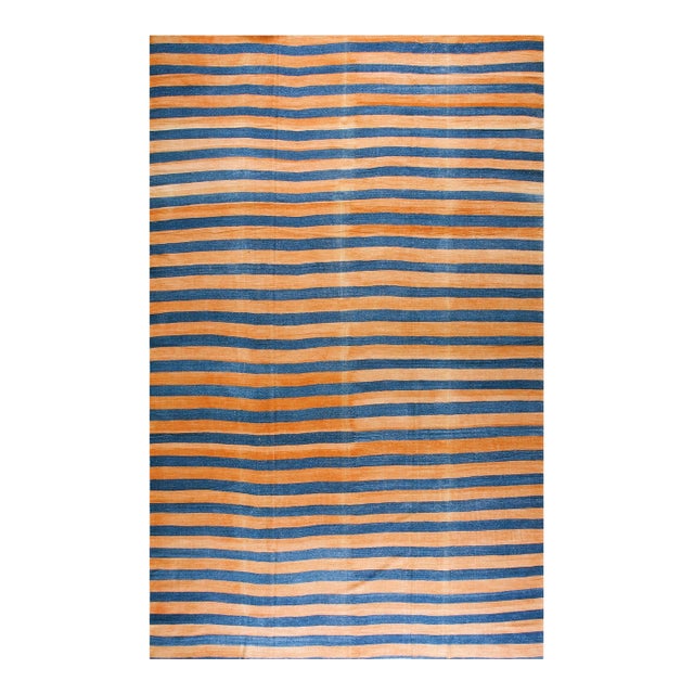 1920s Apricot Blue Stripe Antique Indian Cotton Dhurrie Carpet 9'7" X 15'3" Flatweave Wool Rug For Sale