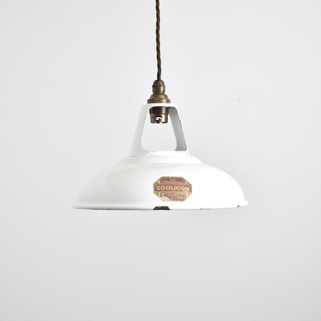 Antique 9″ white coolicon pendant light an early english factory pendant shade by ‘coolicon’ salvaged from an old factory....