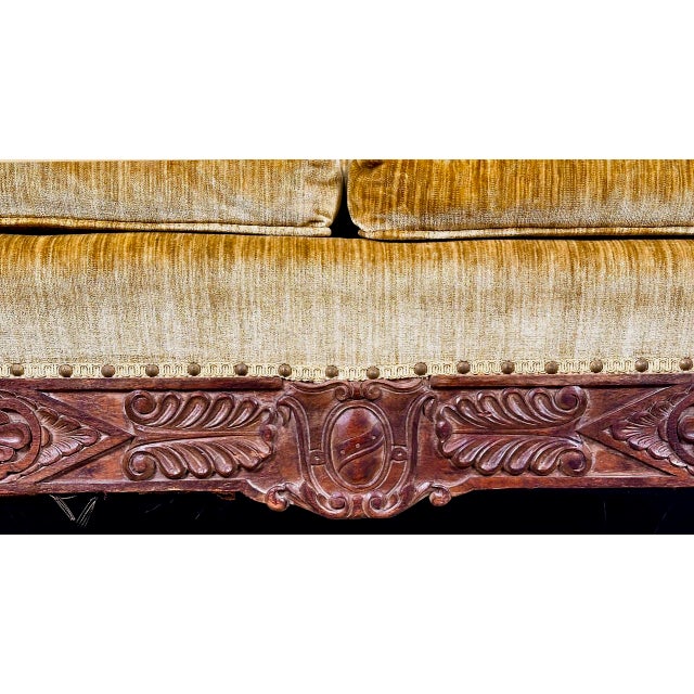 Antique Knole-Style Sofa, Hand-Carved Walnut, Silk Velvet, C. 1900 For Sale In Los Angeles - Image 6 of 9