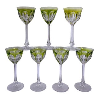 1930s Moser Lady Hamilton Green Overlay Crystal Wine Glasses, Set of 7 For Sale
