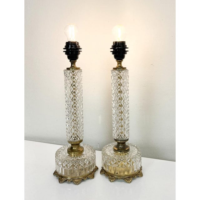 Metal French Cut Glass or Crystal Table Lamps, 1950s, Set of 2 For Sale - Image 7 of 14