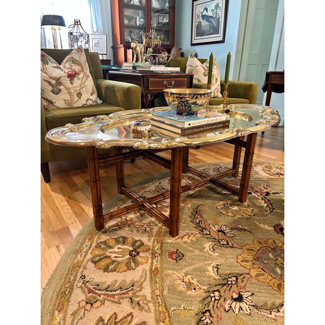 Vintage Hollywood Regency Brass Tray Top on Faux Bamboo Base Coffee Table For Sale - Image 4 of 14