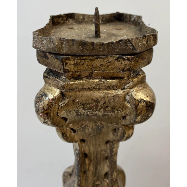Rustic European Mid 20th Century Venetian Style Carved Silver Tone Gilt Wood Prickets - a Pair For Sale - Image 3 of 10