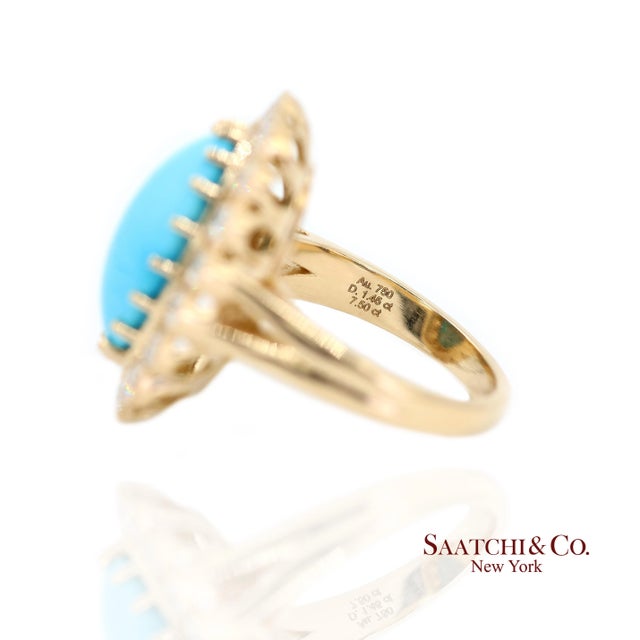Metal Persian Turquoise Diamond Ring Women Size 7 18k Yellow Gold Glam Luxe, Size 7 For Sale - Image 7 of 10