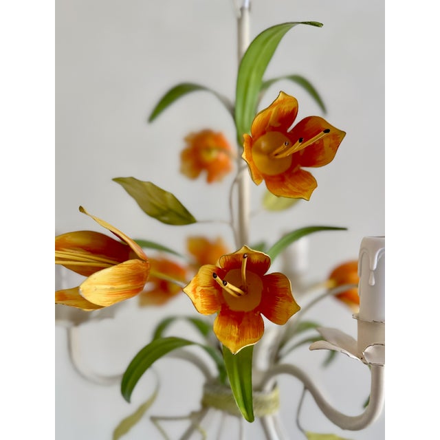 1970s Vintage Tole Tulip Chandelier in Orange and Yellow Painted Steel, 1960s For Sale - Image 5 of 18