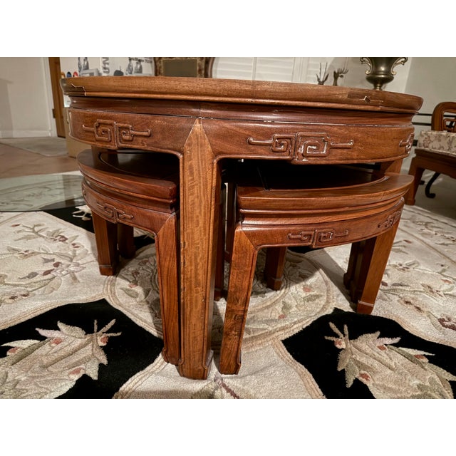 Chinese Ming Style Authentic Hand-Carved Rosewood Coffee Table + Stools Coffee Table with Removable Glass Top & 4 Stools