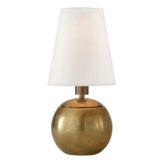 Thomas O'Brien by Visual Comfort Signature Tiny Terri Round Accent Lamp in Hand-Rubbed Antique Brass with Linen Shade For Sale
