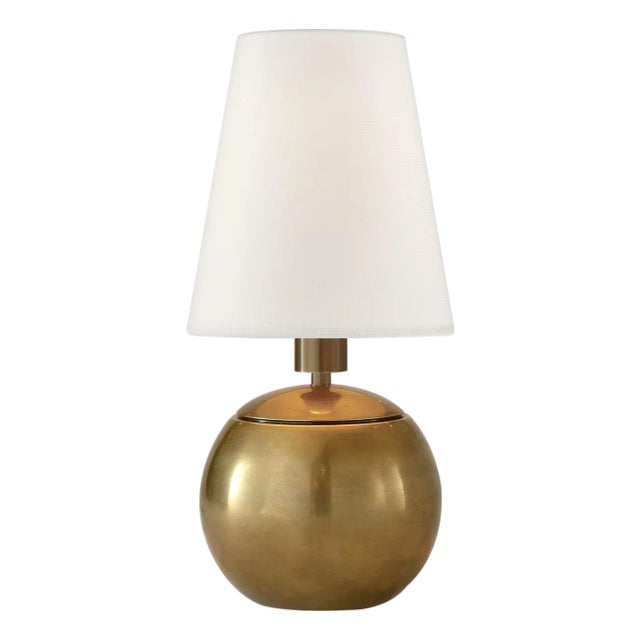 Thomas O'Brien by Visual Comfort Signature Tiny Terri Round Accent Lamp in Hand-Rubbed Antique Brass with Linen Shade For Sale