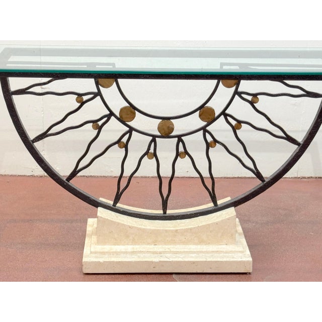 Southwest Style Mid-Century Sunburst Console Table Travertine Base and Glass Top For Sale - Image 12 of 18