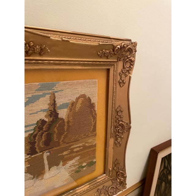Vintage 1940s Hand-Stitched Swan Landscape Needlepoint in Ornate Gilt Frame For Sale In Chicago - Image 6 of 8