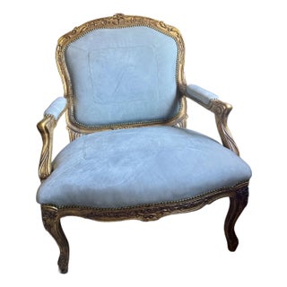 1930s French Louis XV–Style Carved Armchair (Oversized) With Giltwood Frame For Sale