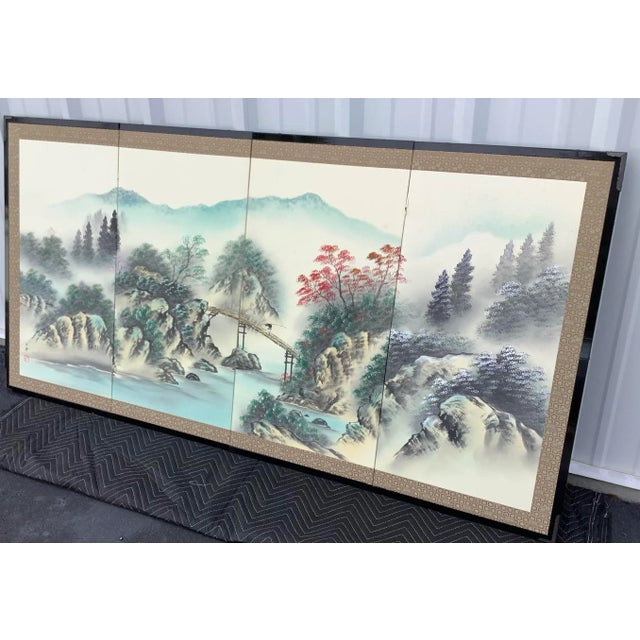 1970s 1970s Japanese Asian Signed Four-Panel Folding Lotus Tree Nature Screen For Sale - Image 5 of 8