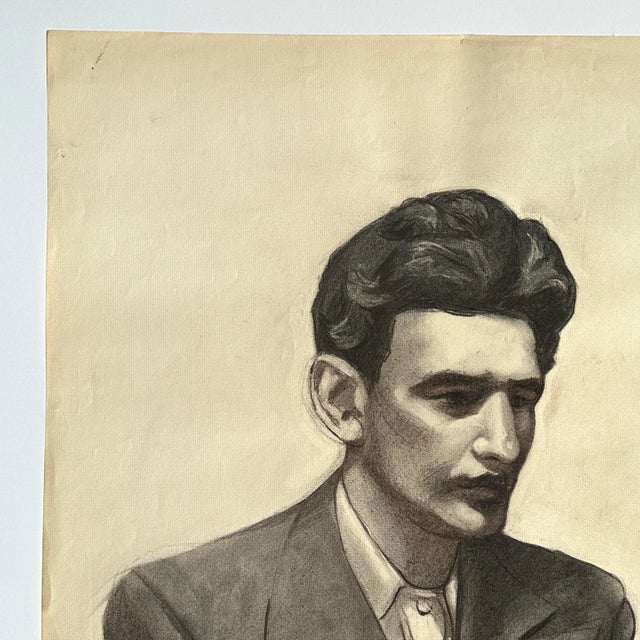 Figurative Vintage Realist Portrait of Man in Suit by Anthony Ferrara, Signed (1950, Charcoal on Paper) For Sale - Image 3 of 5