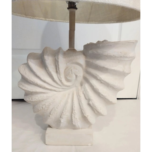 Coastal Large Plaster Coastal Shell Form Natural Linen Shade Table Lamp For Sale - Image 3 of 8