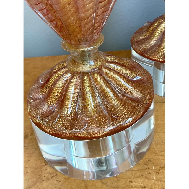 Vintage Murano Glass Lamps With Lucite Bases - Pair For Sale - Image 12 of 12