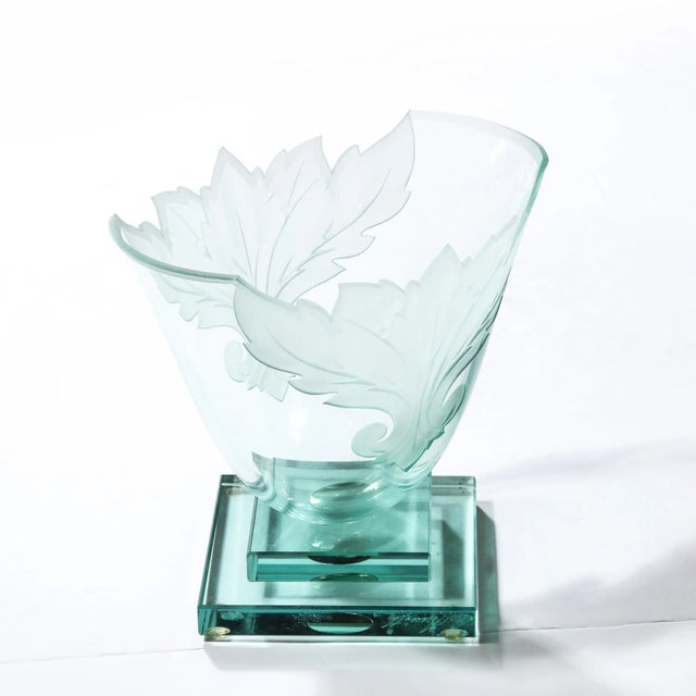 Glass Frosted and Etched Cut Glass Leaf Vase/Bowl on Geometric Base by Robert Guenther For Sale - Image 7 of 12