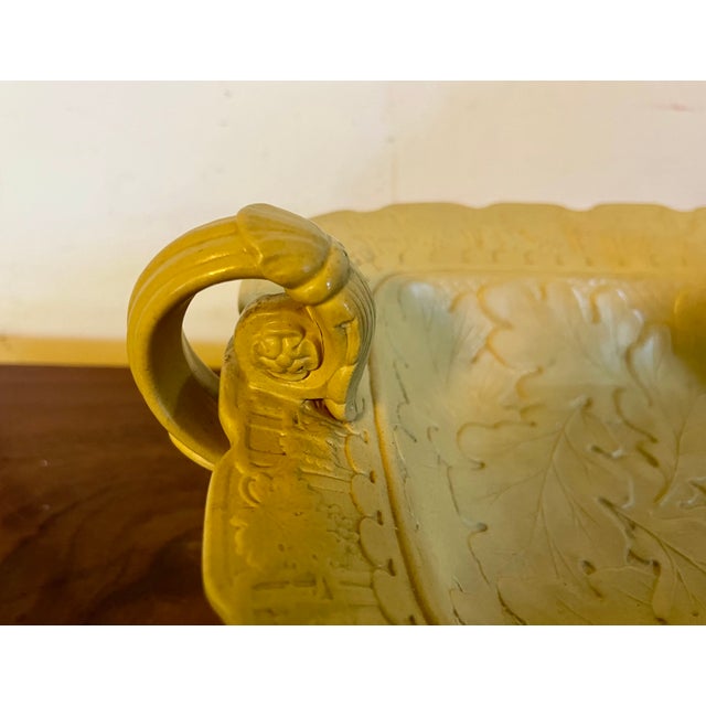 Antique 19th century English drabware footed tazza compote with scroll handles. Decorated with relief molded oak leaves...