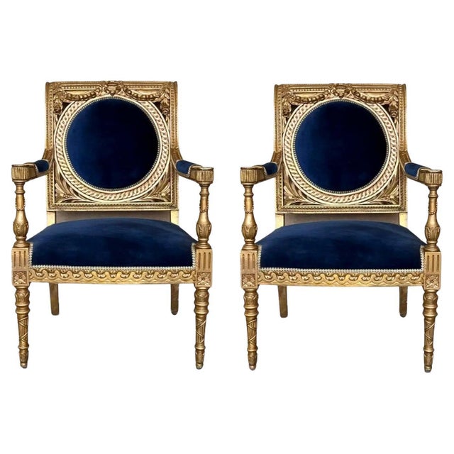 Mid 20th Century Pair of Louis XVI Style Giltwood Armchairs with Blue Klein Velvet For Sale - Image 15 of 18