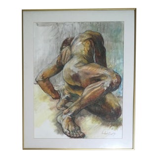 1993 "Nude on the Floor" Figurative Male Oil Pastel Drawing by Ken Landon Buck, Framed For Sale