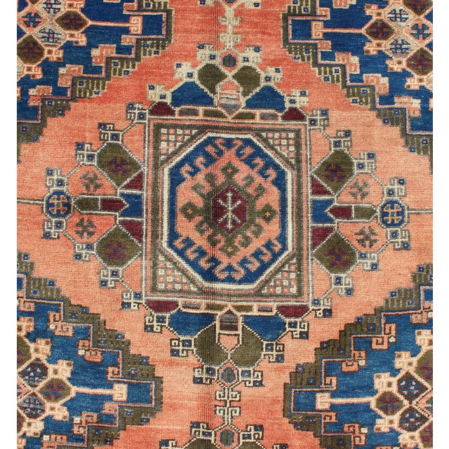 Mid 20th Century Vintage Oushak Rug From Turkey With Medallions in Salmon Pink and Blue 5'5 X 11'4 For Sale - Image 5 of 8