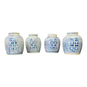 Late 20th Century Blue and White Double Happiness Ginger Jars With Lids a Collection of 4