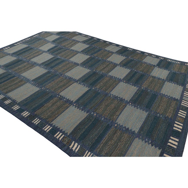 Mid-Century Modern Rug & Kilim’s Scandinavian Rug in Blue and Brown Geometric Patterns For Sale - Image 3 of 7